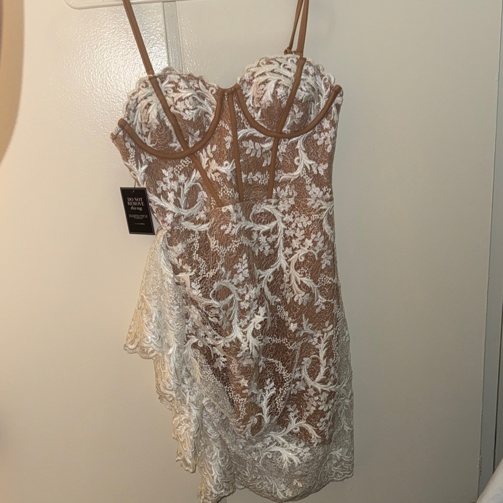 JLUXLABEL Lace Midi Dress in Cream and Tan